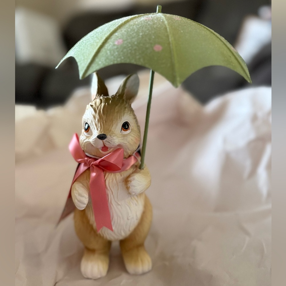 Easter Bunny with Pink Bow and Green & Pink Polka Dot Metal Umbrella